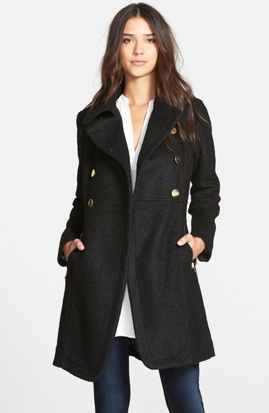 GUESS Double Breasted Bouclé Cutaway Coat (Regular & Petite) Black double breasted coats