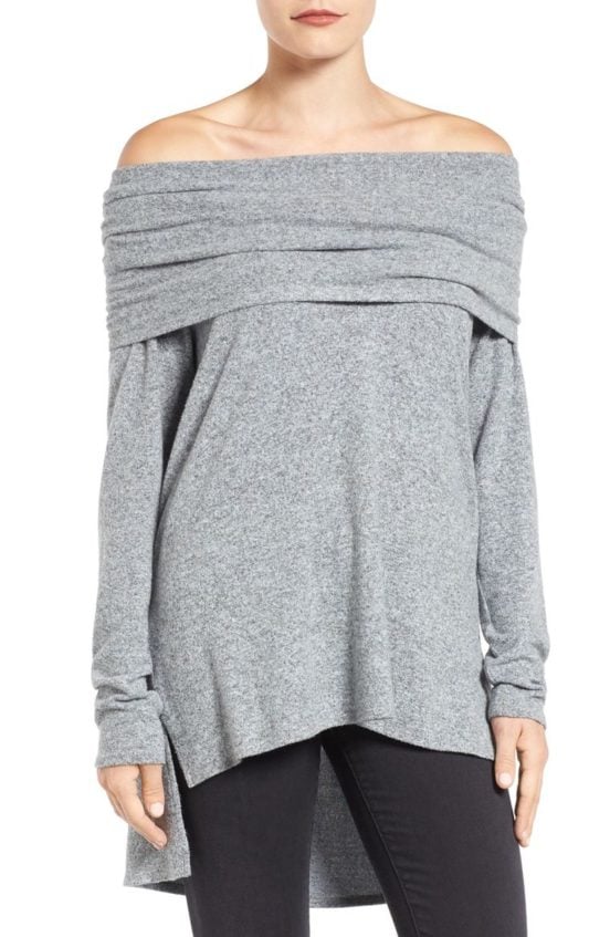 Gibson Convertible Neckline Cozy Fleece Tunic (Regular & Petite) Heather Light Grey