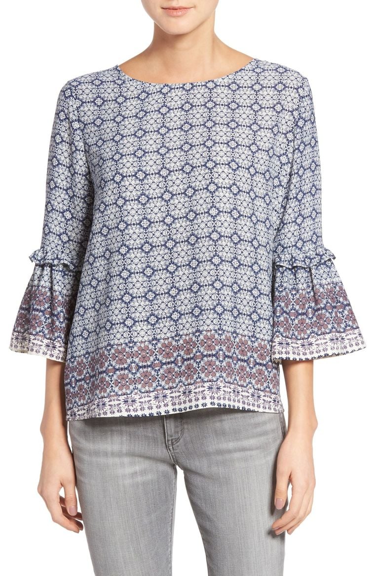 Gibson Tie Back Bell Sleeve Top Blue Border Print