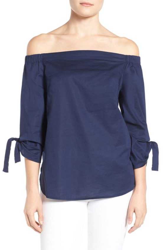 Halogen® Tie Sleeve Off the Shoulder Top (Regular & Petite) Navy Peacoat Blue