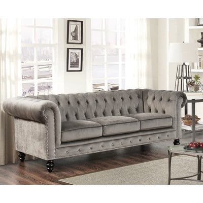 House of Hampton Tunbridge Wells Top Grain Leather Sofa Grey Velvet chesterfield sofas