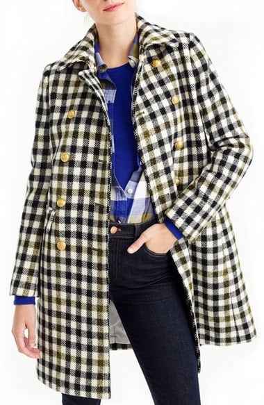 J.Crew Oxford Check Double Breasted Coat Black Plaid Gold Tone Buttons