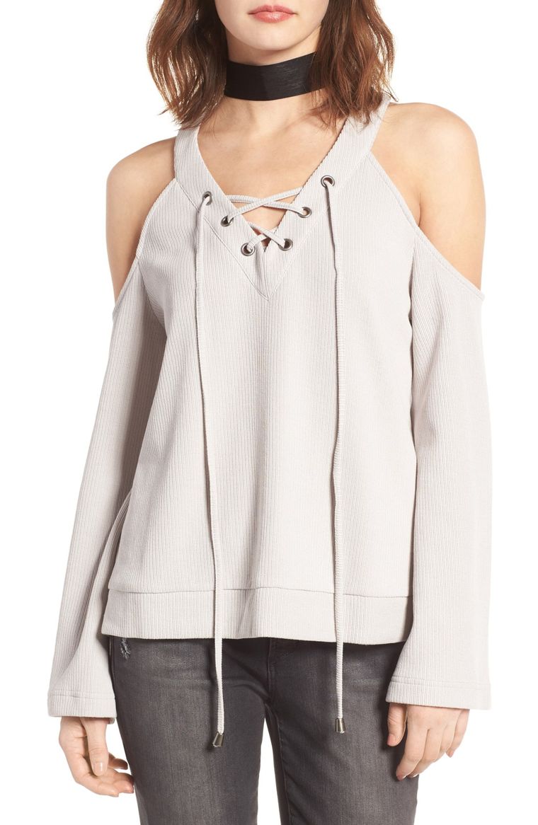J.O.A. Cold Shoulder Cotton Top Light Grey bell sleeve tops