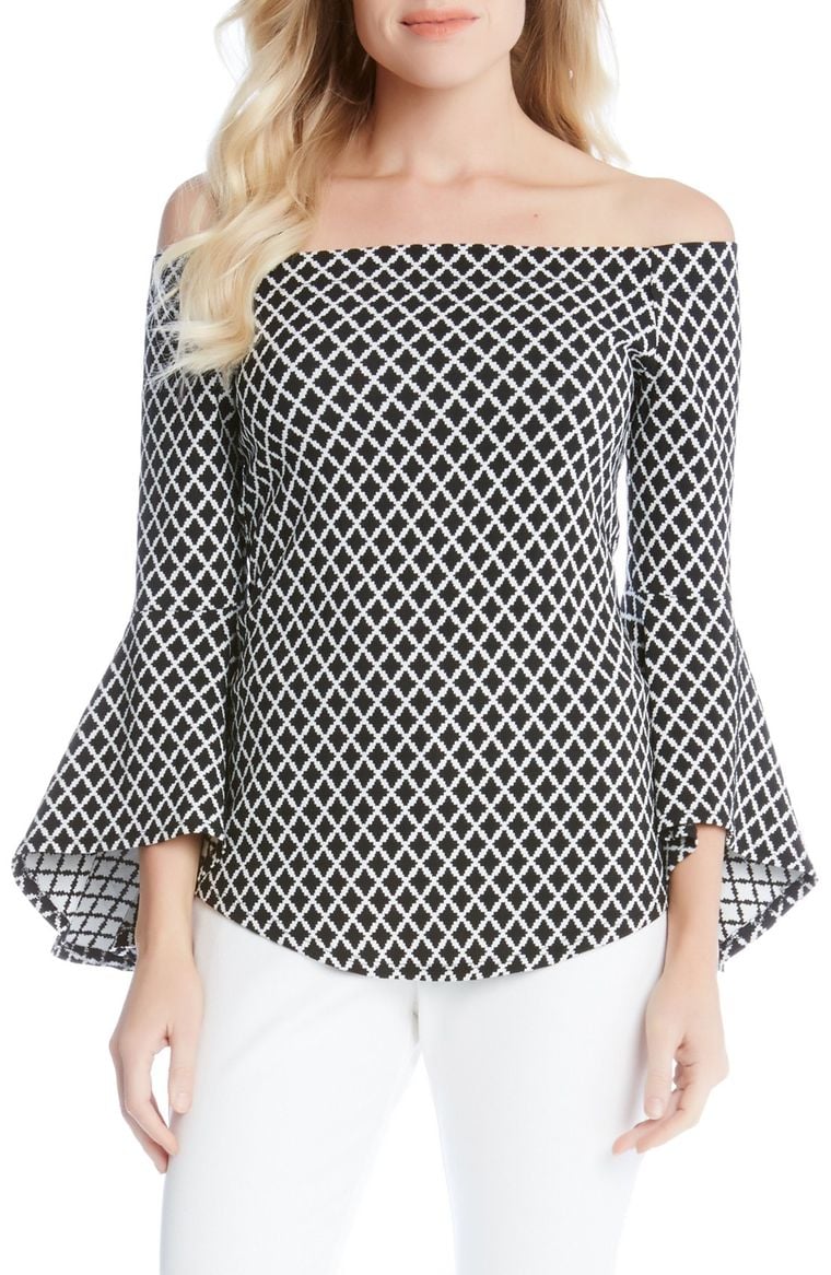 Karen Kane Diamond Print Off the Shoulder Bell Sleeve Top Black Off White