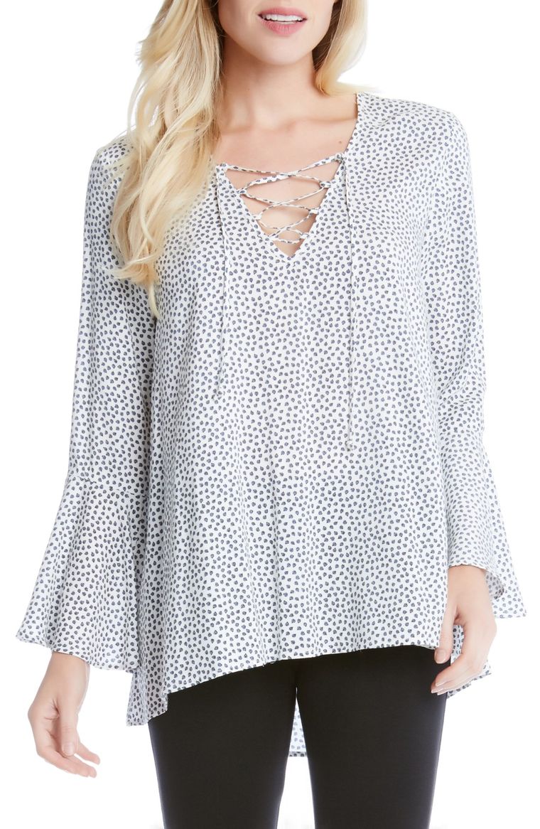 Karen Kane Ladybug Print Lace-Up Top Ladybug Print bell sleeve tops