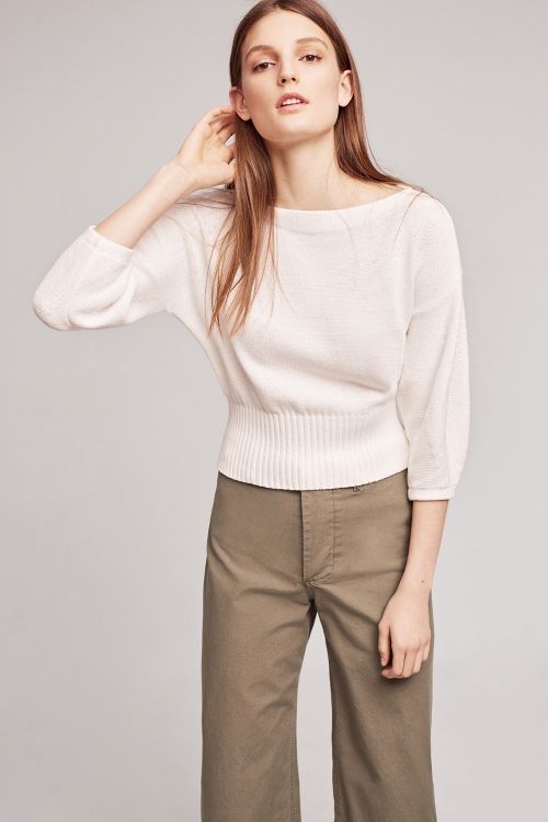 Knitted & Knotted Cropped Balloon-Sleeve Pullover Ivory anthropologie clothing sale
