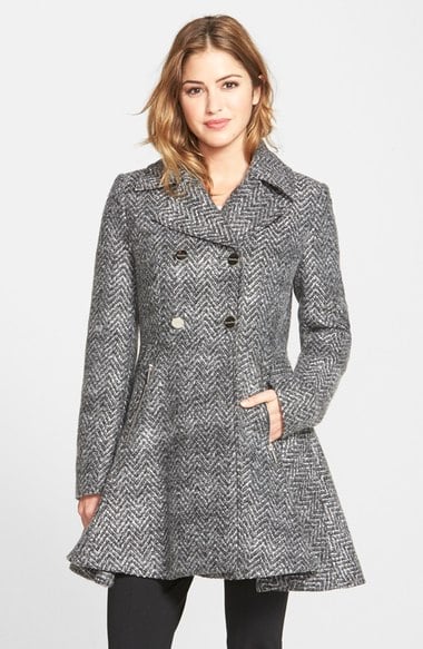 Laundry by Shelli Segal Chevron Twill Double Breasted Skirted Coat (Online Only) Grey Black