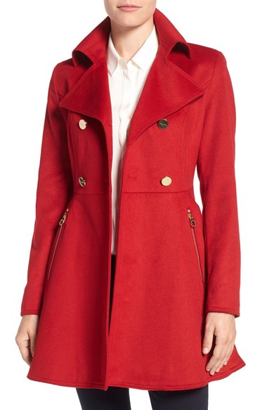 Laundry by Shelli Segal Double Breasted Fit & Flare Coat (Regular & Petite) Red Dahlia double breasted coats