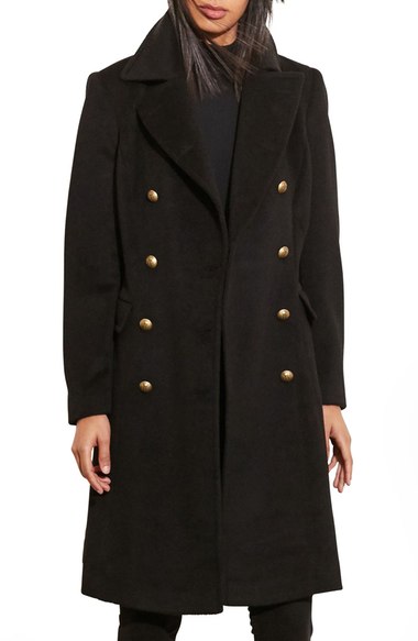 Lauren Ralph Lauren Skirted Wool Blend Military Coat Black  double breasted coats