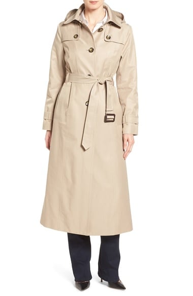 London Fog Long Trench Raincoat with Removable Hood Toffee 