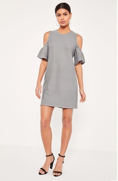 MISSGUIDED Cold Shoulder Shift Dress Ruffle Sleeves Black Stripe