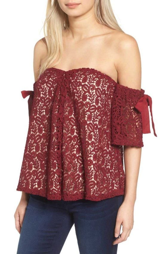 MOON RIVER Lace Off the Shoulder Top Bow Detail Wine