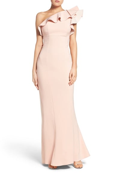 Maria Bianca Nero Colorblock One-Shoulder Gown Apricot Shell ruffle sleeve dresses