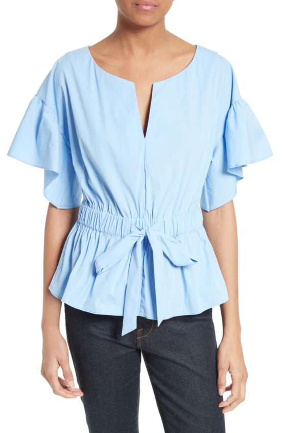 Milly Vivian Stretch Poplin Peplum Top Sky Blue tie front tops