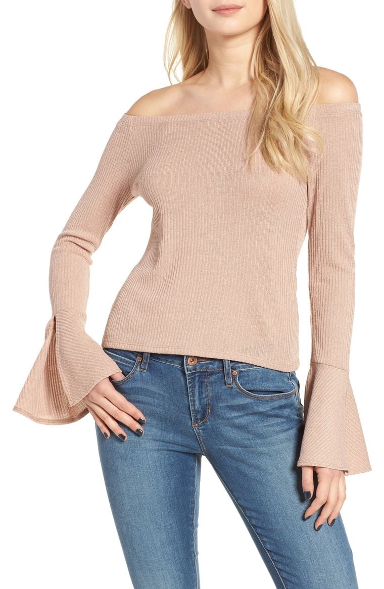 Mimi Chica Ribbed Off the Shoulder Top bell sleeves Rose