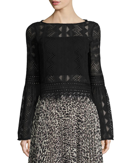 Nanette Lepore Bell-Sleeve Boxy Patterned Lace Top Black bell sleeve tops