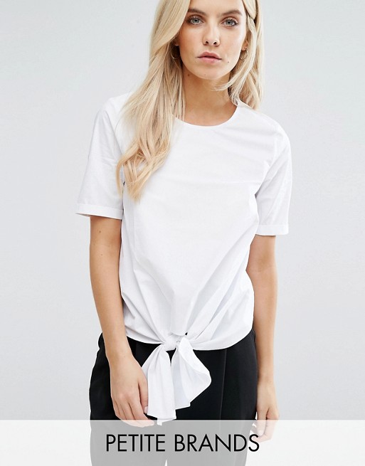 New Look Petite Poplin Tie Front Top White