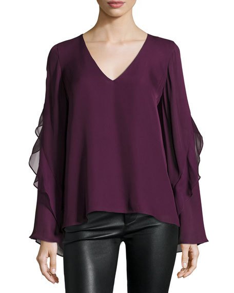 Parker Makenna Lace-Combo Silk Top bell sleeve tops