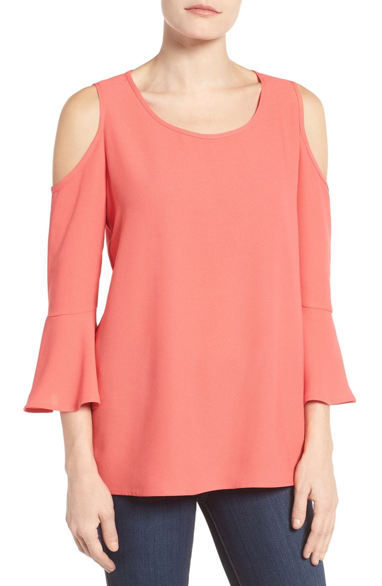 Pleione Cold Shoulder Bell Sleeve Blouse (Regular & Petite) Coral