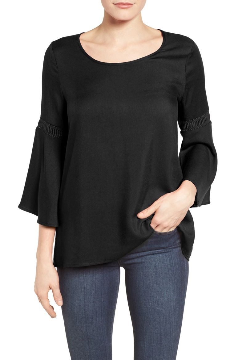 Pleione Lace Inset Bell Sleeve Blouse (Regular & Petite) Black bell sleeve tops for winter and spring