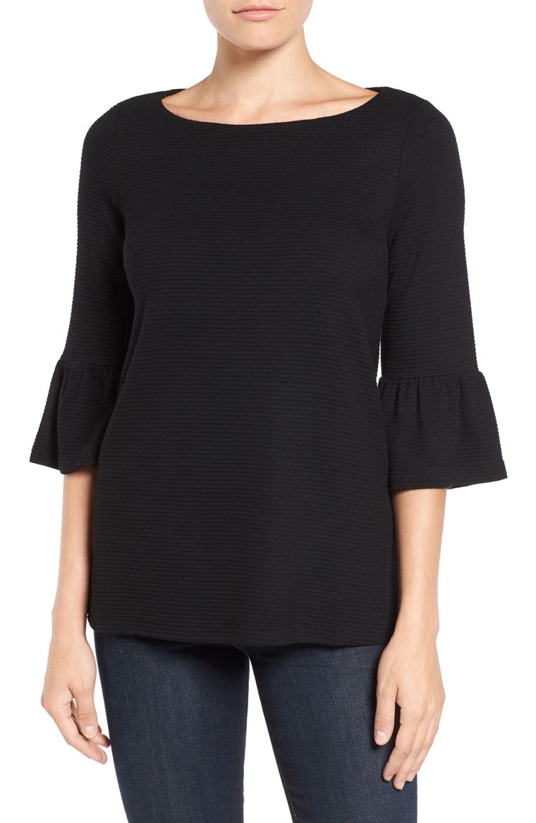 Pleione Stripe Knit Bell Sleeve Tops (Regular & Petite) Black
