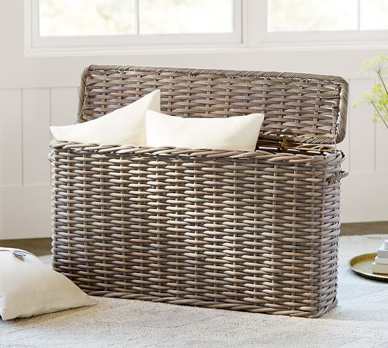 Pottery Barn AUBREY WOVEN OVERSIZED LIDDED BASKET Gray Wash Finish pottery barn baskets sale