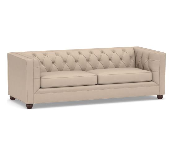 Pottery Barn Chesterfield Square Arm Upholstered Sofa Performance Everyday Velvet Buckwheat 