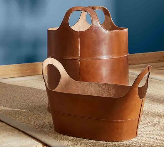 Pottery Barn HAYES LEATHER STORAGE BASKETS Cognac Finish pottery barn baskets sale