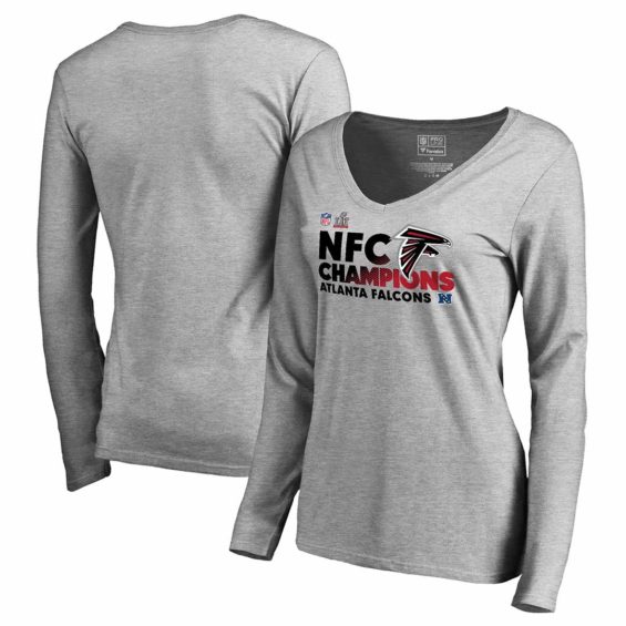 Pro Line by Fanatics Branded Atlanta Falcons Women's Heathered Gray 2016 NFC Conference Champions Trophy Collection Locker Room V-Neck Long Sleeve T-Shirt atlanta falcons nfc champions