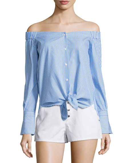Rag & Bone Kacy Reversible Poplin Off-the-Shoulder Striped Tunic tie front top White 