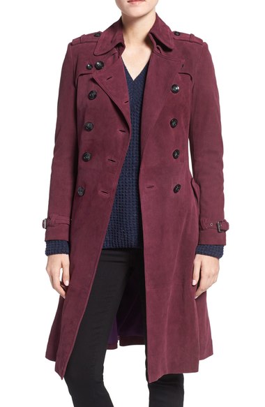 Rebecca Minkoff 'Amis' Double Breasted Suede Trench Coat Deep Magenta 