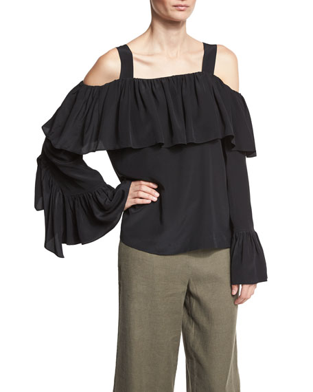 Robert Rodriguez Cold-Shoulder Silk Ruffle Top Black bell sleeve tops