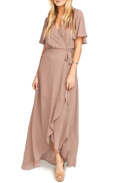 Show Me Your Mumu Flutter Sleeve Wrap Gown Dune ruffle sleeve dresses