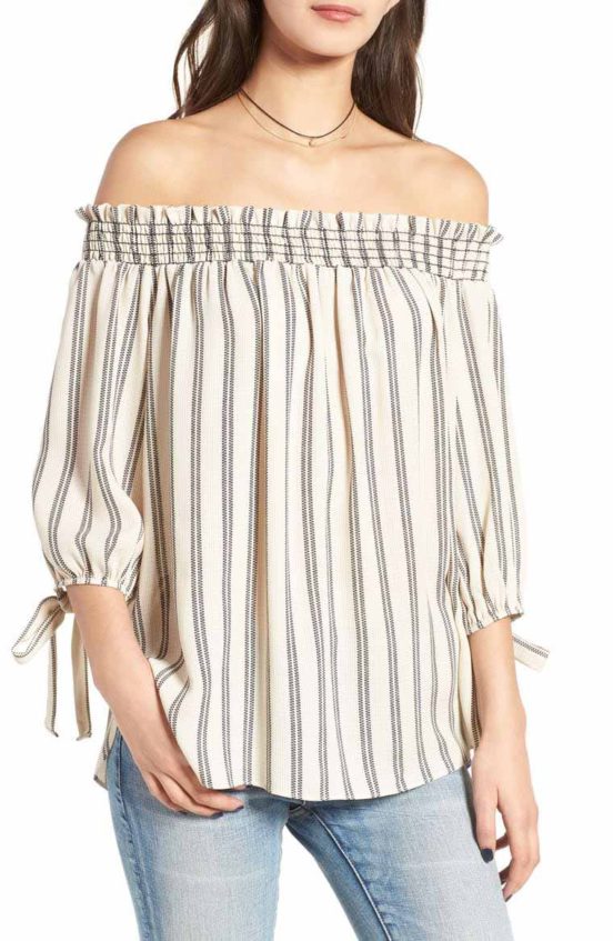 Soprano Smocked Off the Shoulder Top Natural Stripes Tie Sleeves