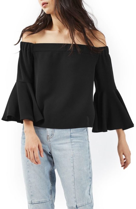 Topshop Ella Off the Shoulder Top Flared Sleeves Black