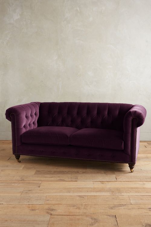 Velvet Lyre Chesterfield Petite Sofa, Hickory Mulberry velvet chesterfield sofas