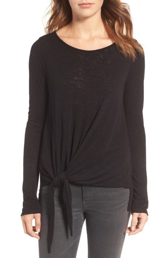 Velvet by Graham & Spencer Tie Waist Burnout Top Black tie front tops