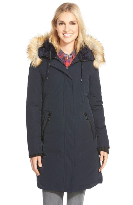Vince Camuto Down & Feather Fill Parka with Faux Fur Trim Navy Blue winter parkas