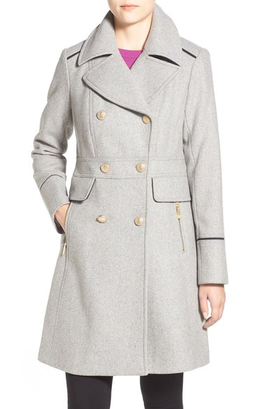 Vince Camuto Wool Blend Double Breasted Officer's Coat Light Grey