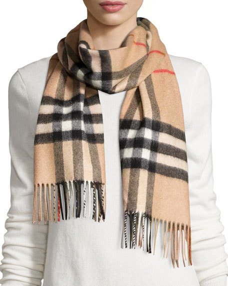 Burberry Giant Check Cashmere Scarf Camelcheck