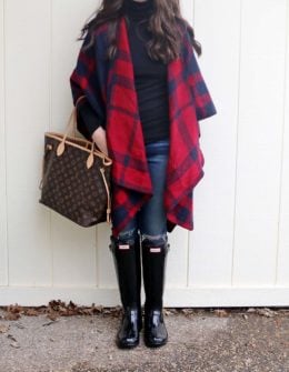 The plaid cape I bought a few weeks ago! Unfortunately it's sold out, but I've shared a few others you'll love! PS: I'm wearing AG jeans, a Splendid black turtleneck, and carrying this Louis Vuitton bag.