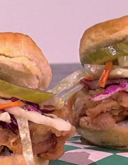 Watch Clinton Kelly make delicious fried chicken biscuit sandwiches with coleslaw (aka fried chicken biscuit sammies) inspired by his favorite fried chicken sandwich from Bubby's restaurant in NYC on the Monday, January 16, 2017 episode of "The Chew."