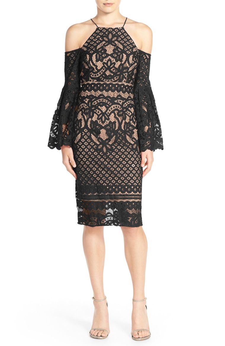 Bardot 'Mila' Cold Shoulder Lace Midi Dress Black bell sleeve dresses