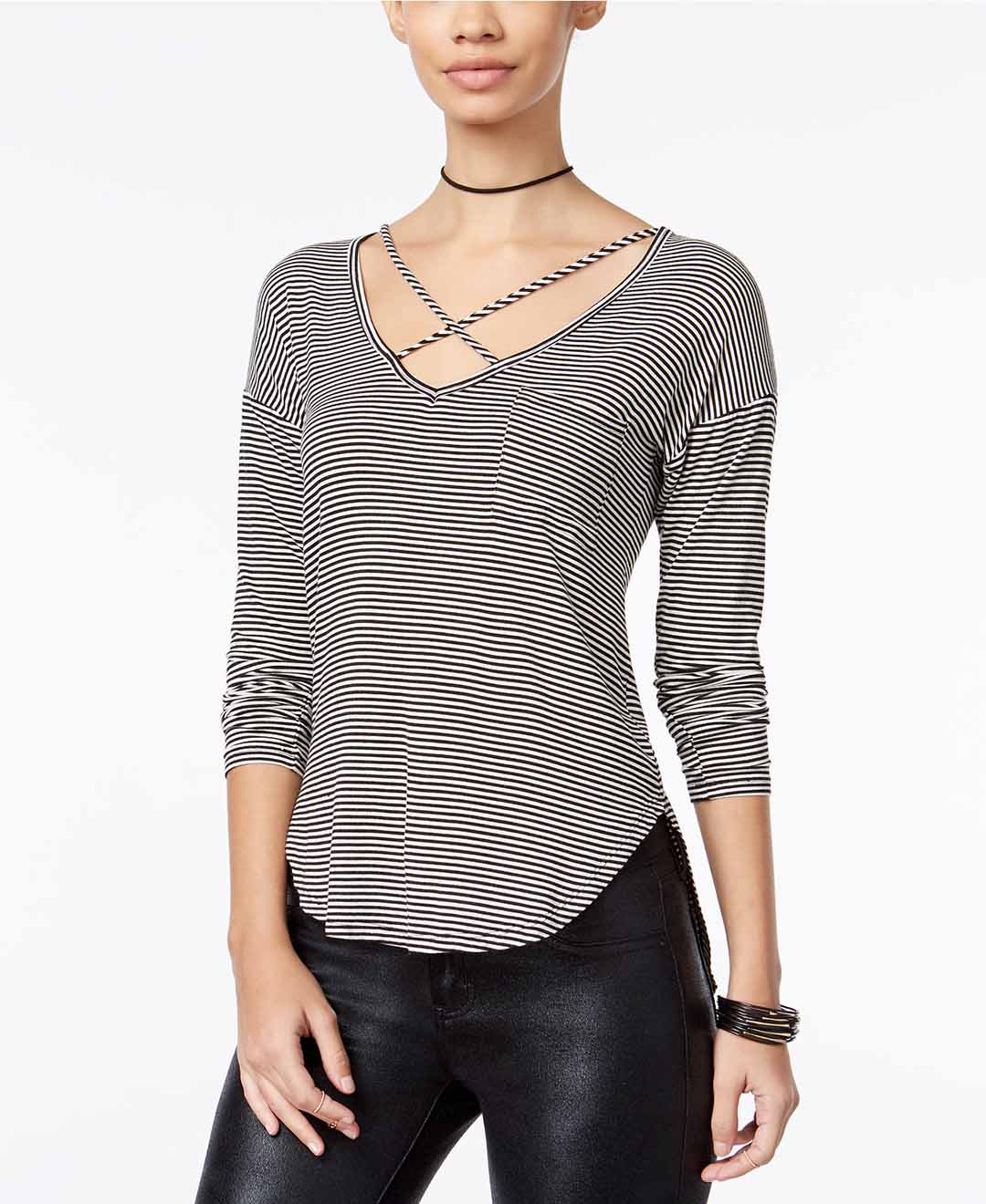Belle Du Jour Juniors' Crisscross V-Neck Top Black White Stripes