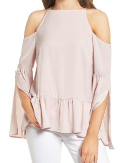 Chelsea28 Bell Sleeve Cold Shoulder Top Pink Hush peplum tops for spring 2017