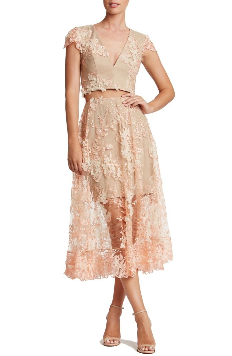 Dress the Population Juliana Two-Piece Dress Peach Nude lace midi dresses 