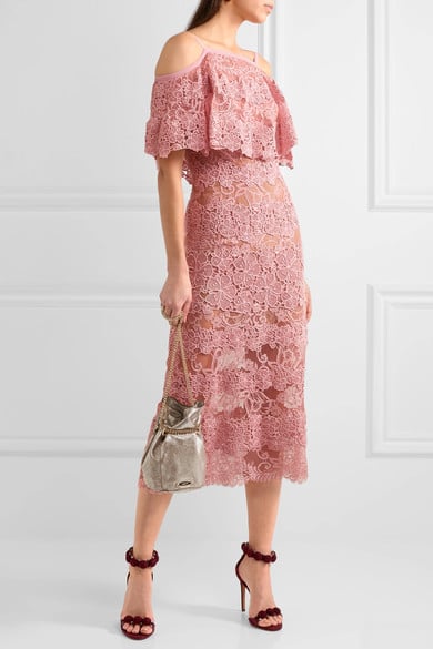 ELIE SAAB Off-the-shoulder cotton-blend macramé lace dress pink lace midi dresses
