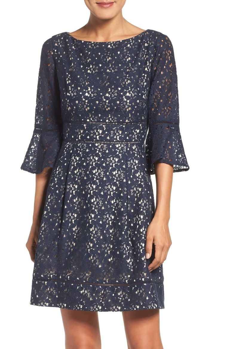Eliza J Lace Fit & Flare Dress (Regular & Petite) Navy Blue bell sleeve dresses