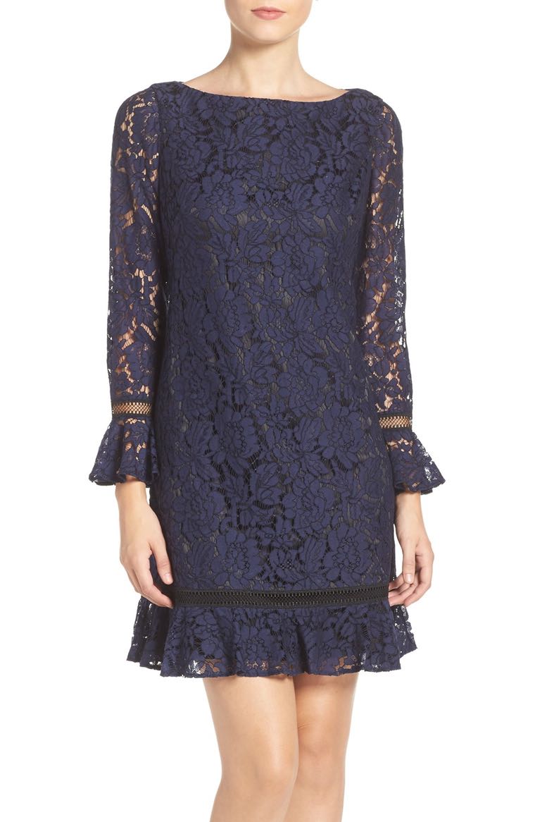 Eliza J Lace Shift Dress (Regular & Petite) Navy Blue bell sleeve dresses