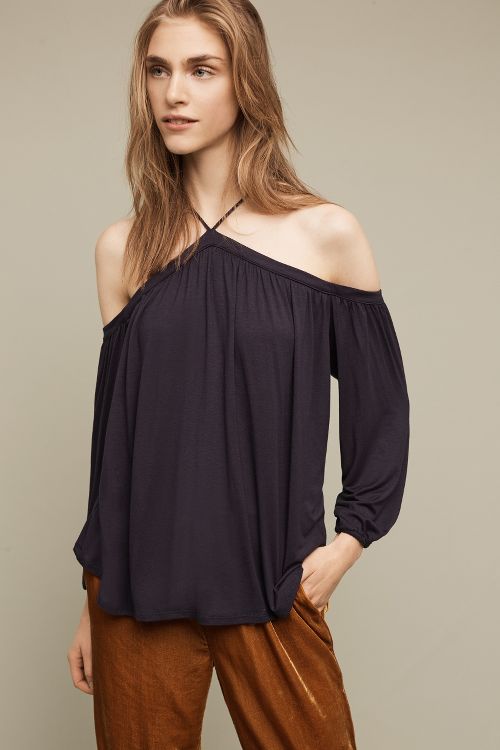 Ella Moss Bella Open-Shoulder Top Navy Blue anthropologie extra 40% off sale